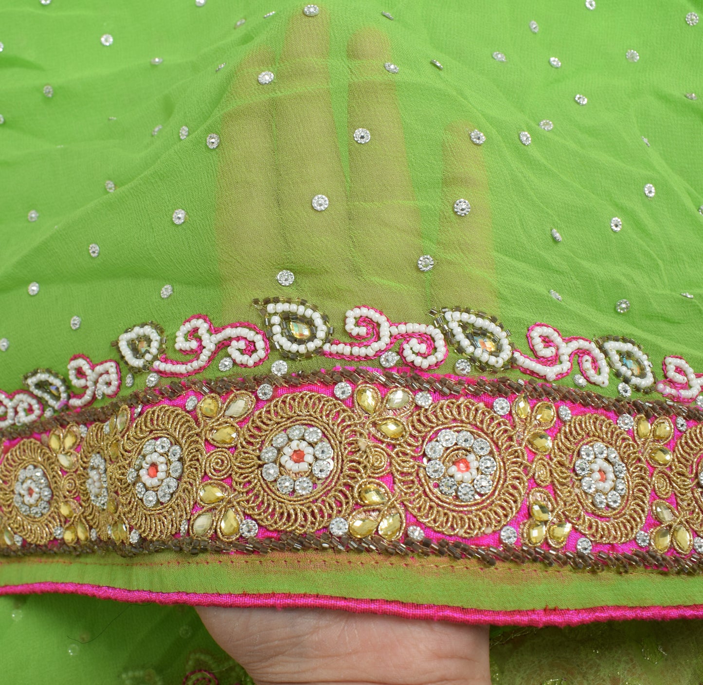 Sushila Vintage Parrot Green Dupatta 100% Pure Georgette Silk Floral Long Stole