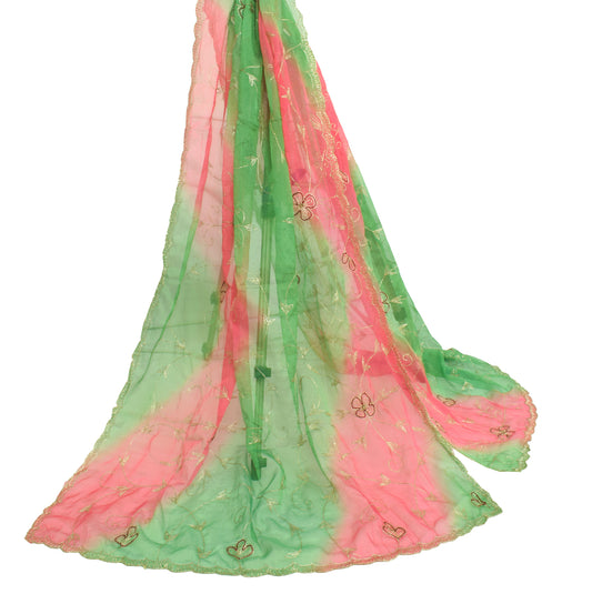 Sushila Vintage Green & Pink Dupatta Chiffon Silk Embroidered Floral Long Stole