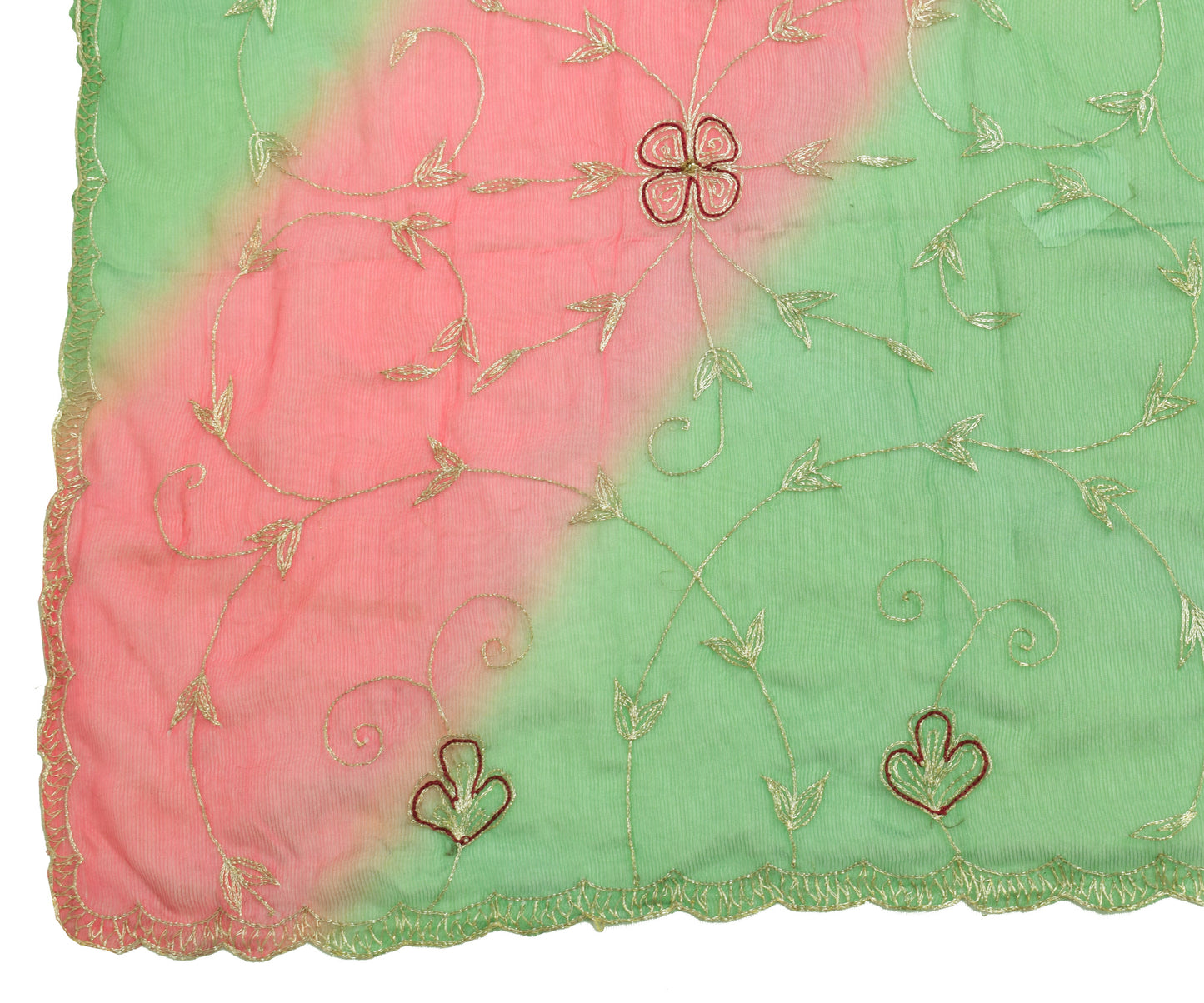 Sushila Vintage Green & Pink Dupatta Chiffon Silk Embroidered Floral Long Stole