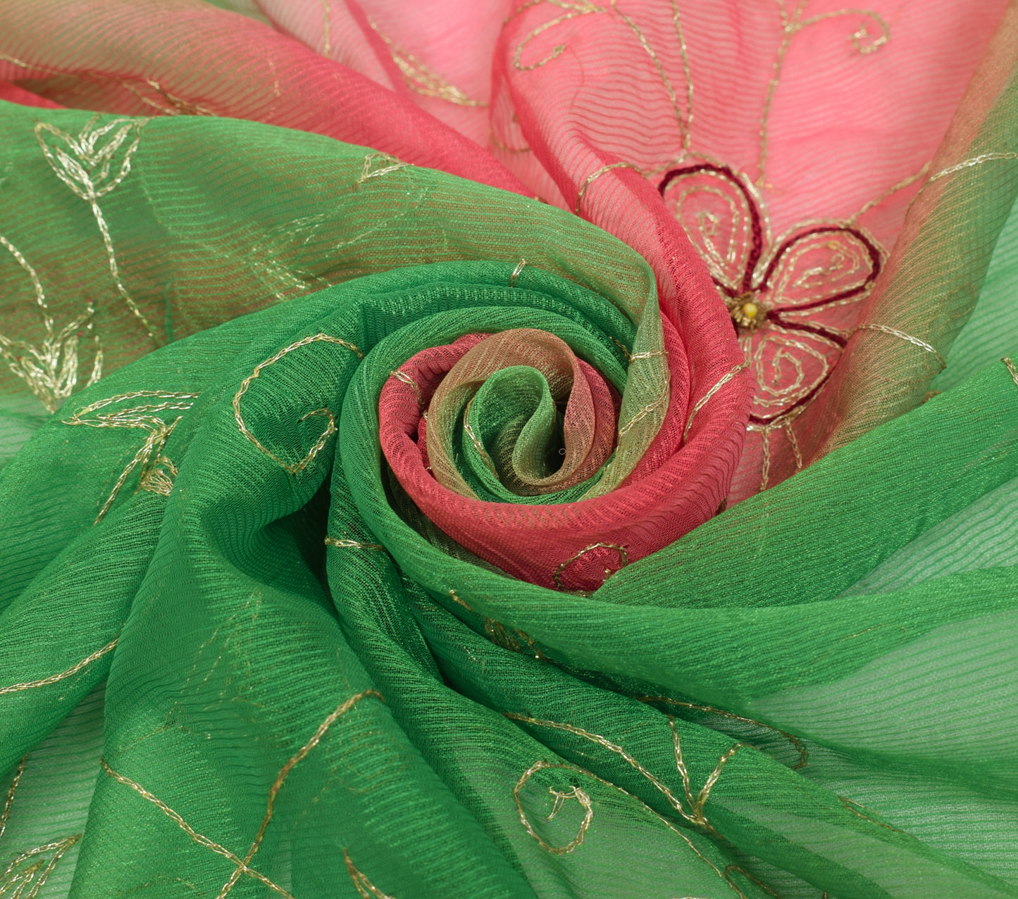 Sushila Vintage Green & Pink Dupatta Chiffon Silk Embroidered Floral Long Stole