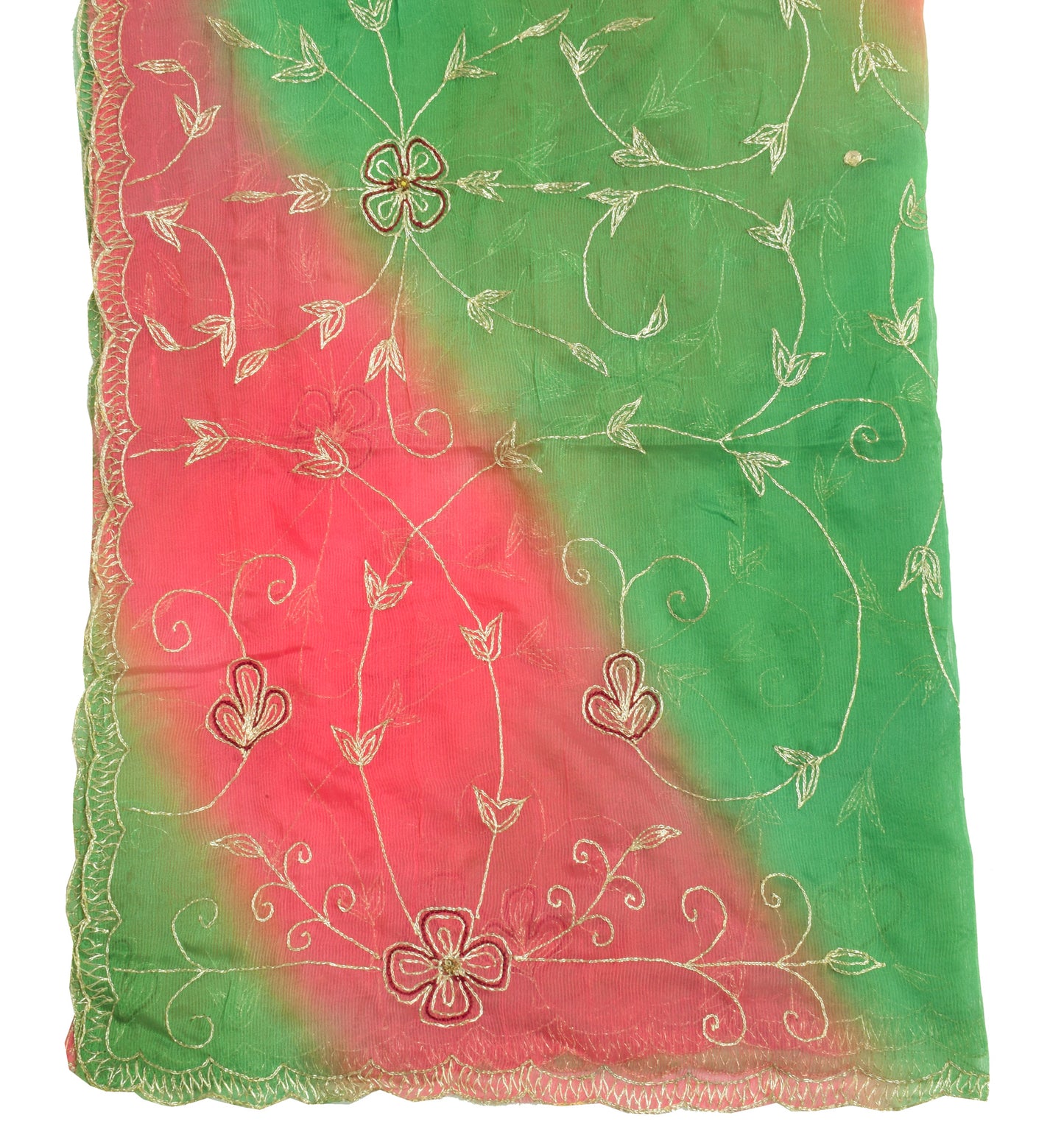 Sushila Vintage Green & Pink Dupatta Chiffon Silk Embroidered Floral Long Stole