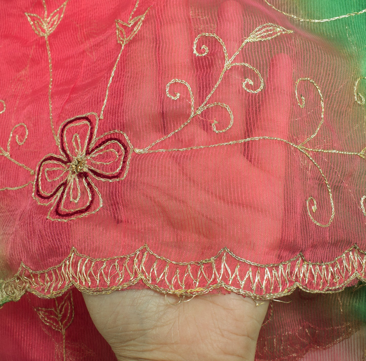 Sushila Vintage Green & Pink Dupatta Chiffon Silk Embroidered Floral Long Stole