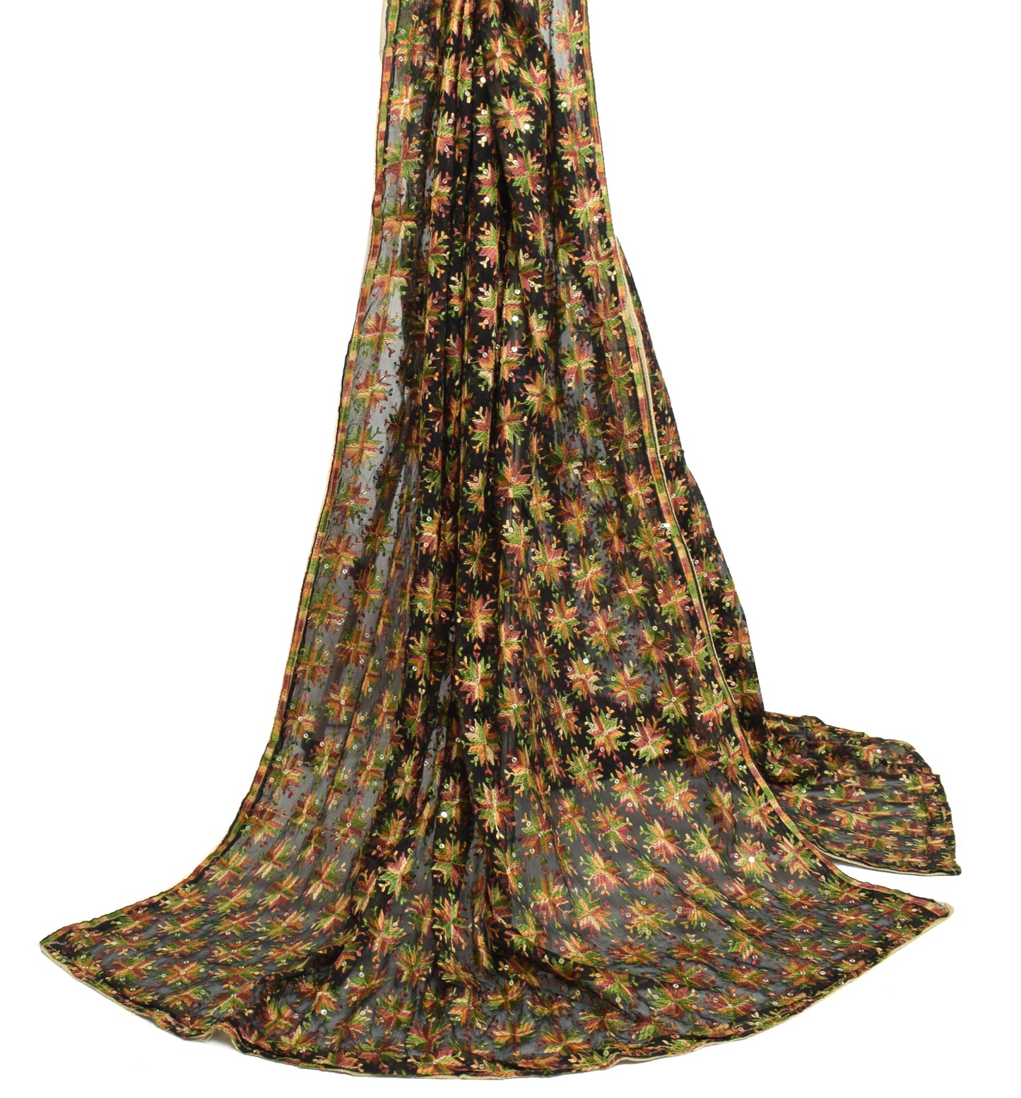 Sushila Vintage Black Dupatta Blend Chiffon Silk Phulkari Embroidered Long Stole