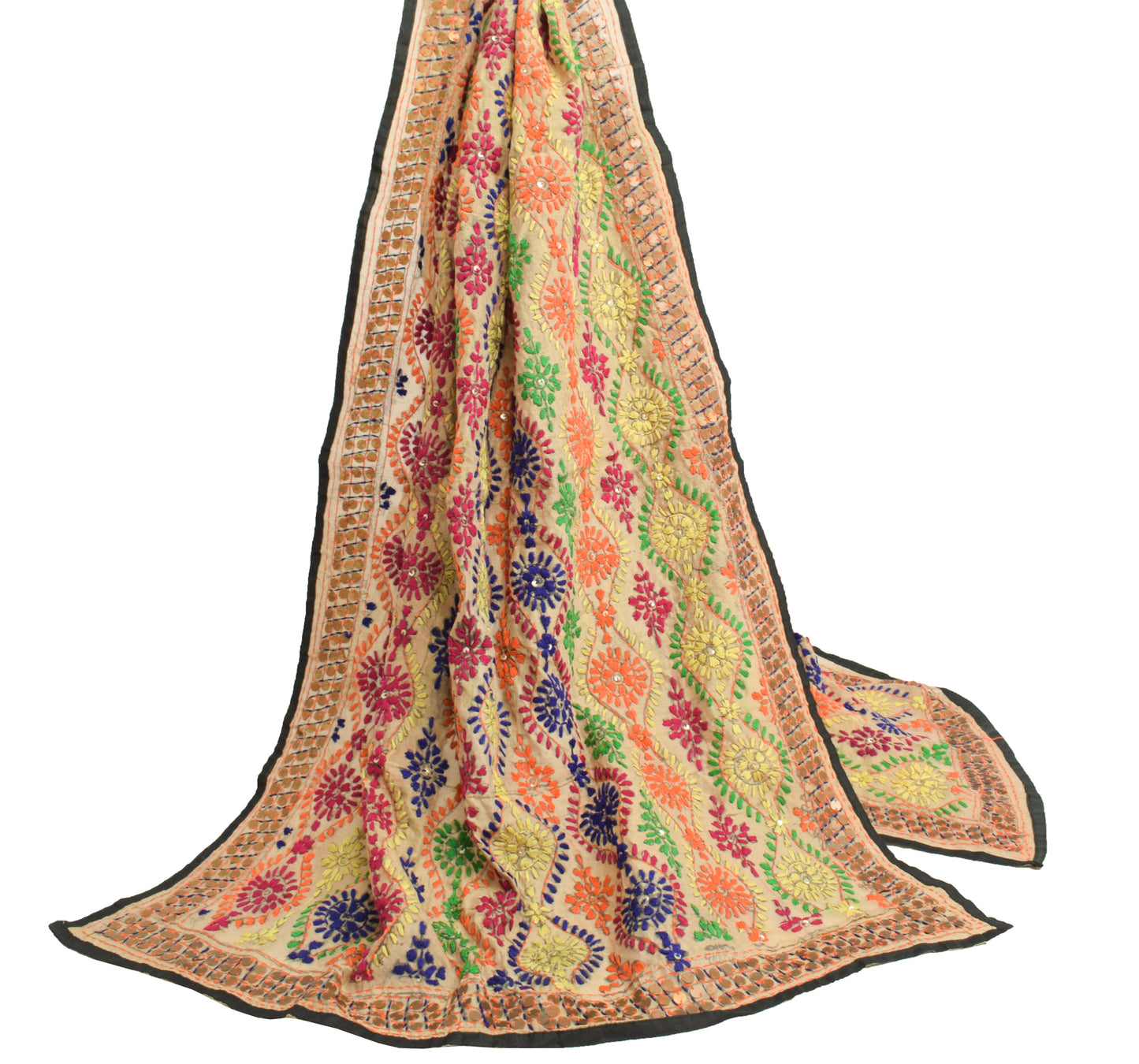 Sushila Vintage Brown Dupatta Art Silk Hand Embroidered Floral Long Stole Veil