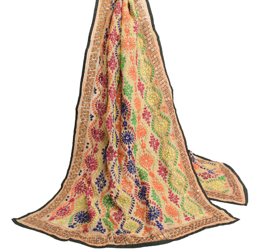 Sushila Vintage Brown Dupatta Art Silk Hand Embroidered Floral Long Stole Veil