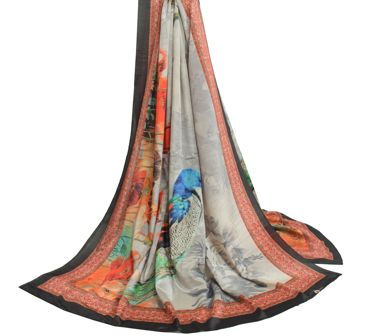 Sushila Vintage Gray Dupatta Blend Silk Digital Printed Peacock Long Stole Wrap