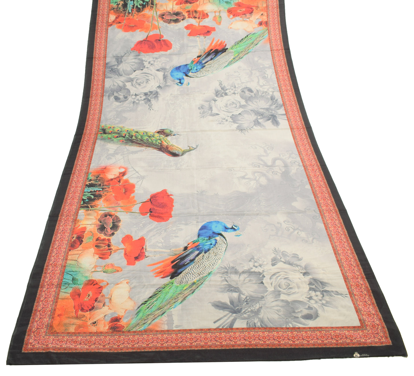 Sushila Vintage Gray Dupatta Blend Silk Digital Printed Peacock Long Stole Wrap