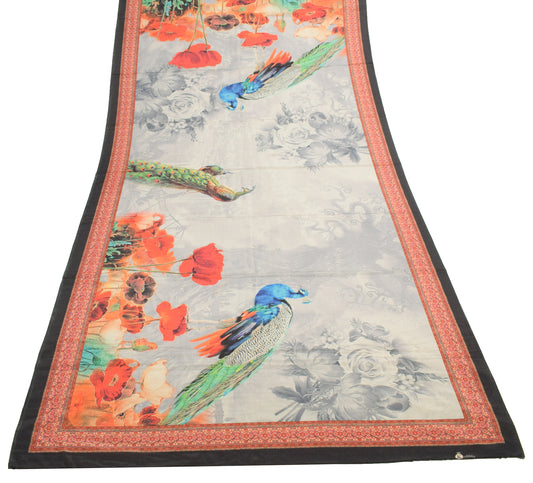 Sushila Vintage Gray Dupatta Blend Silk Digital Printed Peacock Long Stole Wrap