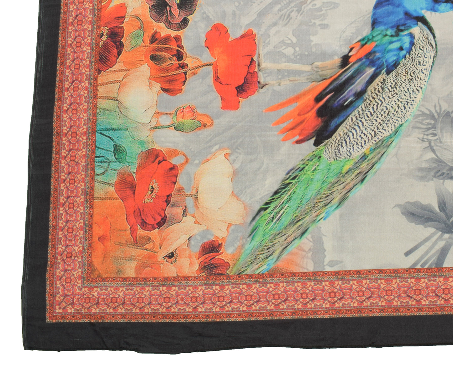 Sushila Vintage Gray Dupatta Blend Silk Digital Printed Peacock Long Stole Wrap