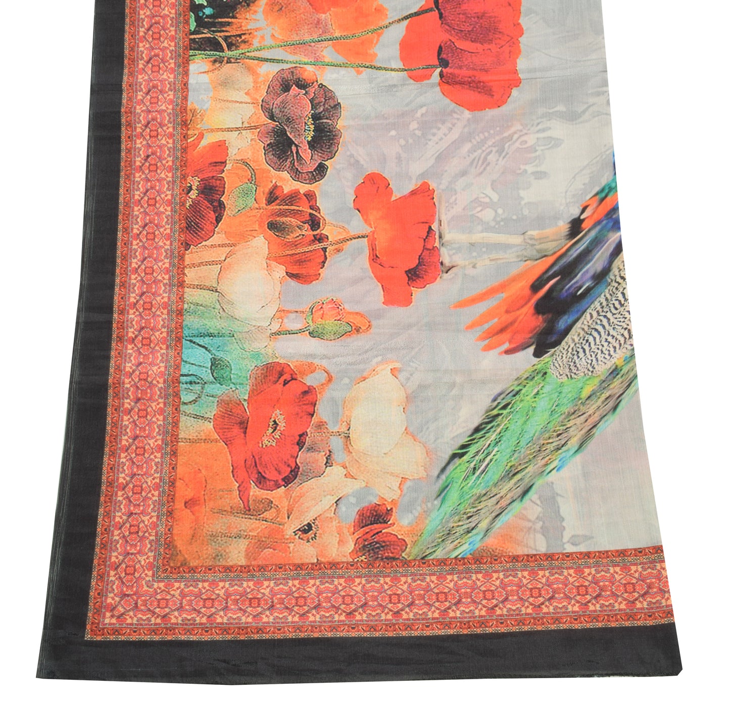 Sushila Vintage Gray Dupatta Blend Silk Digital Printed Peacock Long Stole Wrap