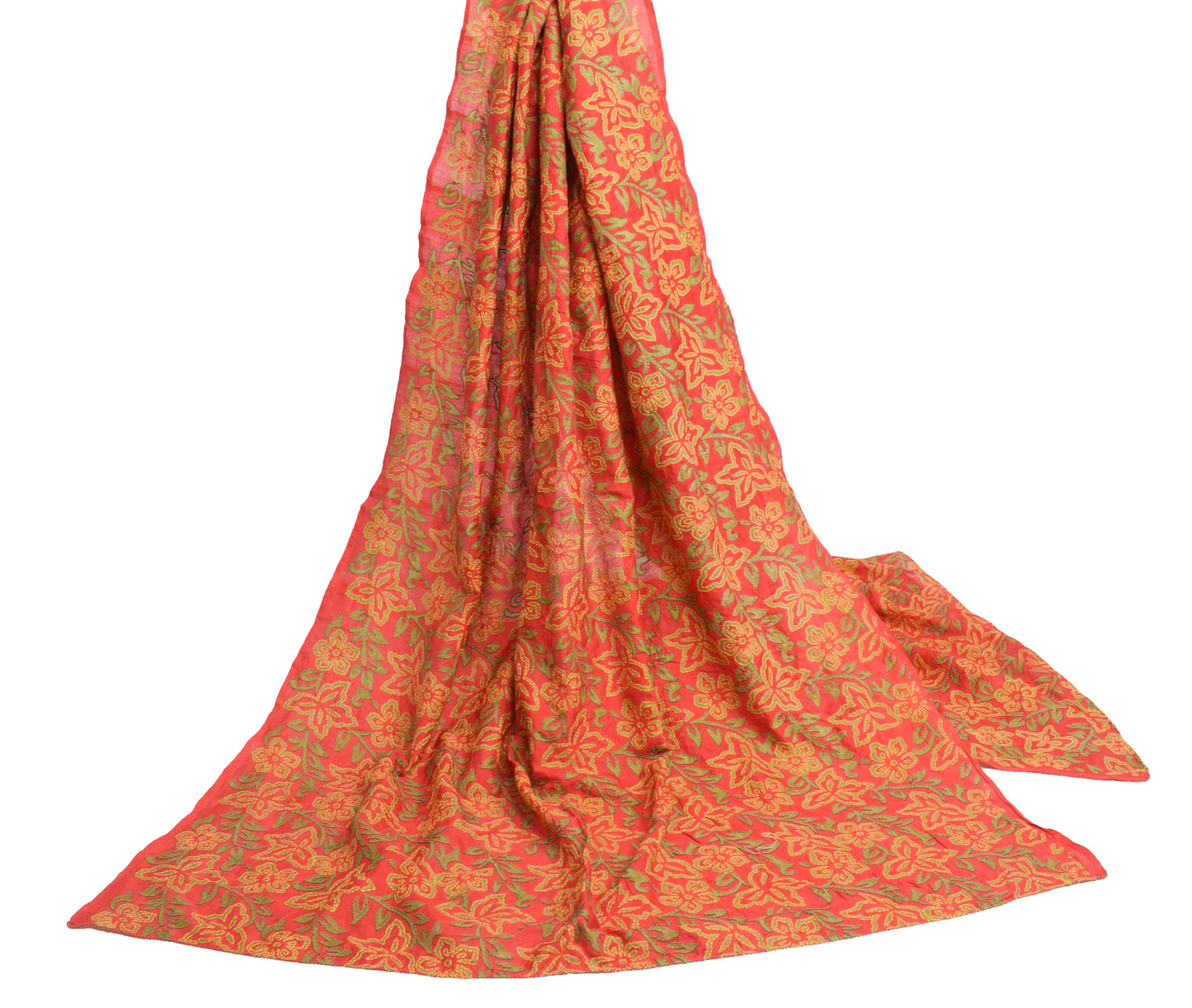 Sushila Vintage Red Dupatta Blend Silk Hand Embroidered Kantha Floral Long Stole