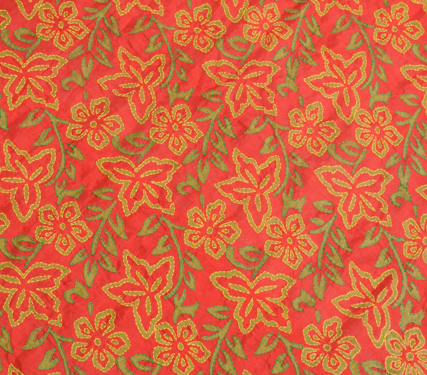 Sushila Vintage Red Dupatta Blend Silk Hand Embroidered Kantha Floral Long Stole