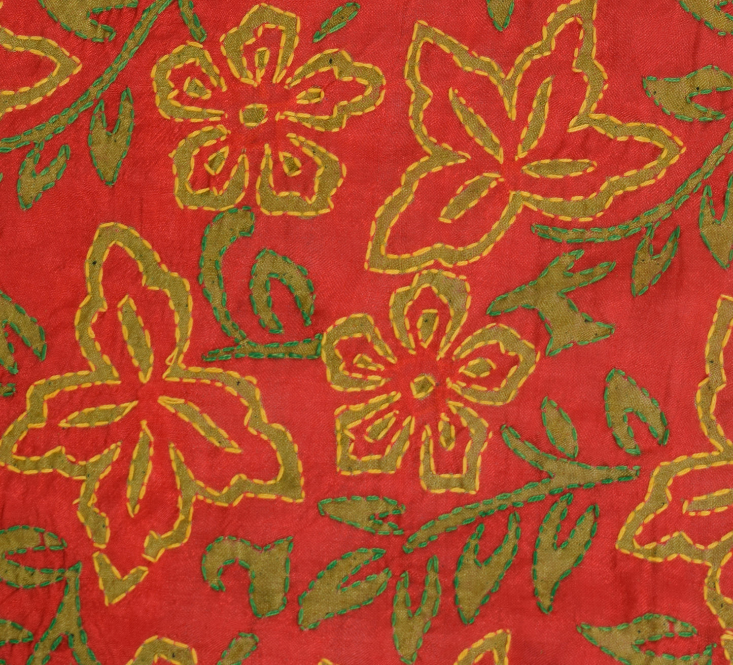 Sushila Vintage Red Dupatta Blend Silk Hand Embroidered Kantha Floral Long Stole