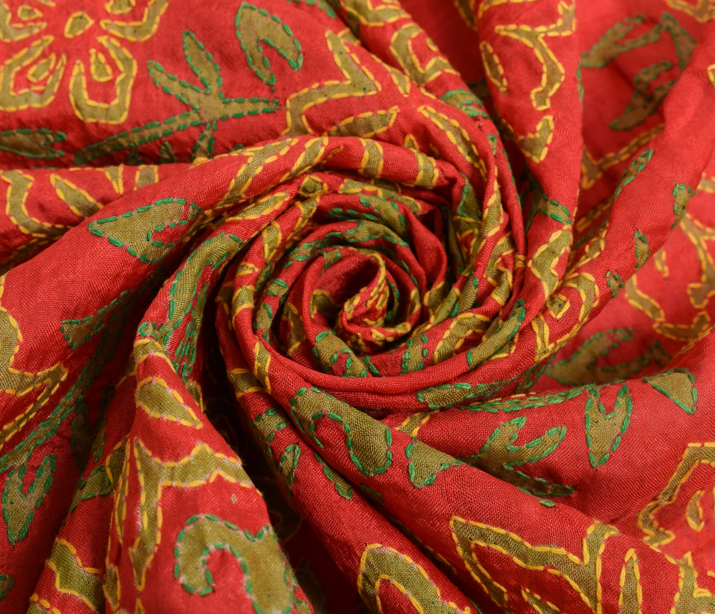 Sushila Vintage Red Dupatta Blend Silk Hand Embroidered Kantha Floral Long Stole