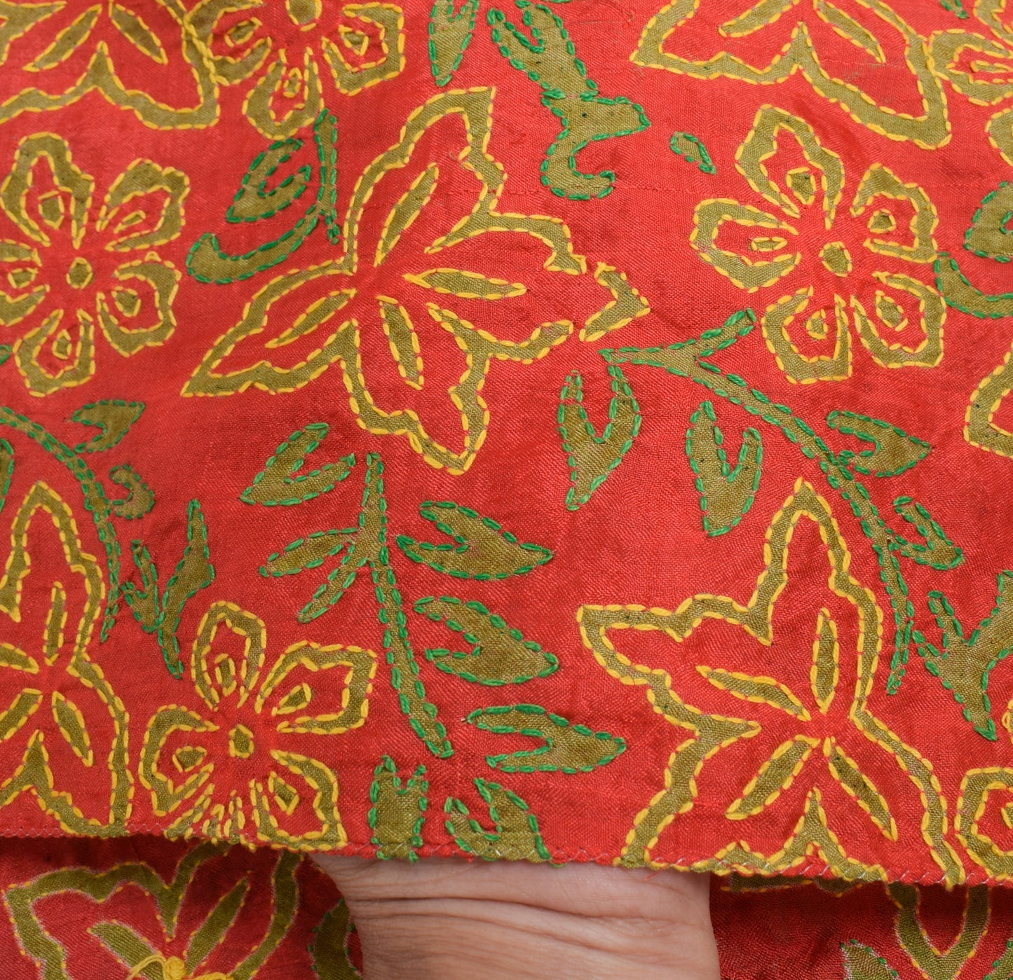 Sushila Vintage Red Dupatta Blend Silk Hand Embroidered Kantha Floral Long Stole
