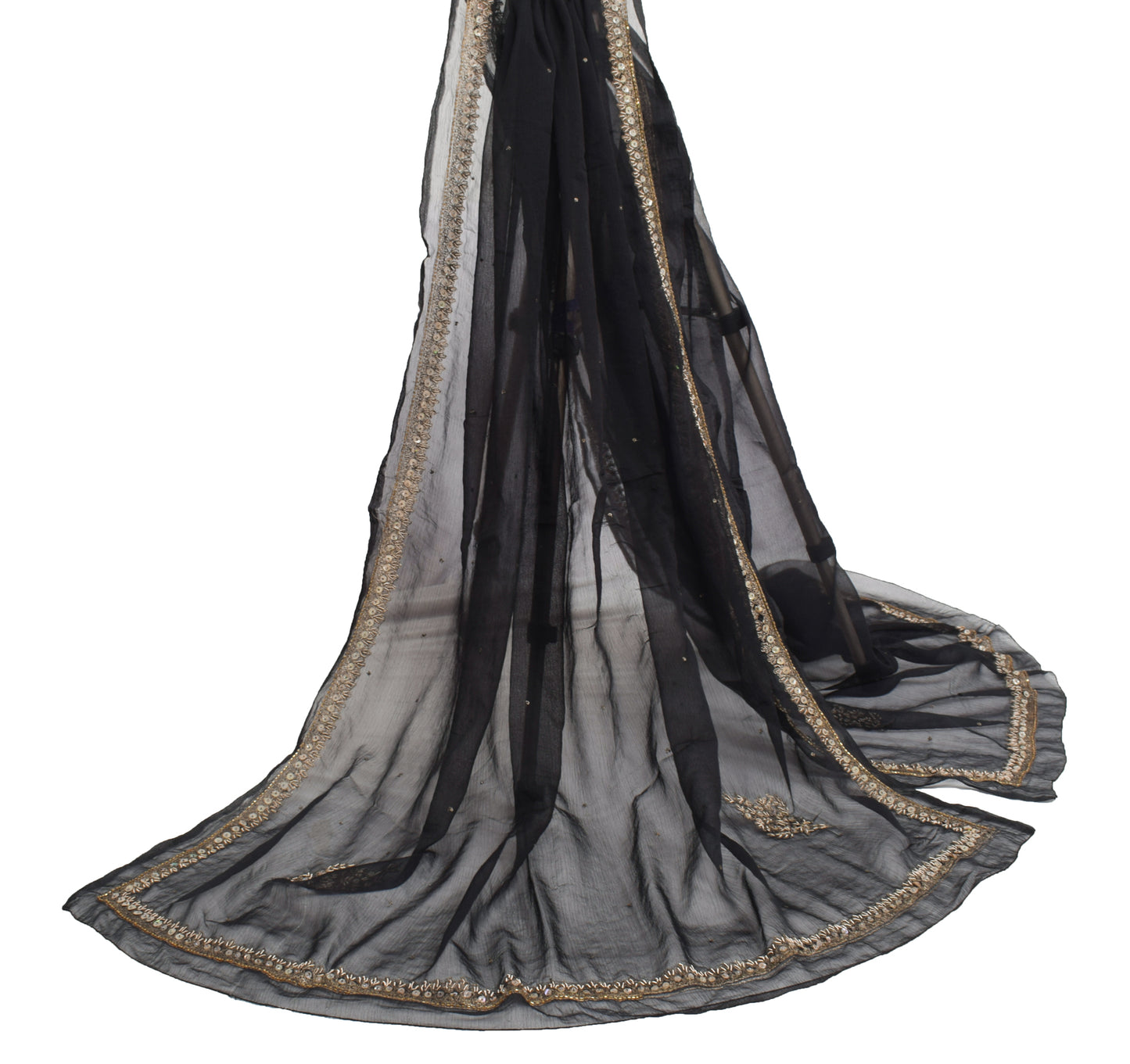 Sushila Vintage Black Dupatta Blend Chiffon Silk Hand Beaded Long Stole Scarves