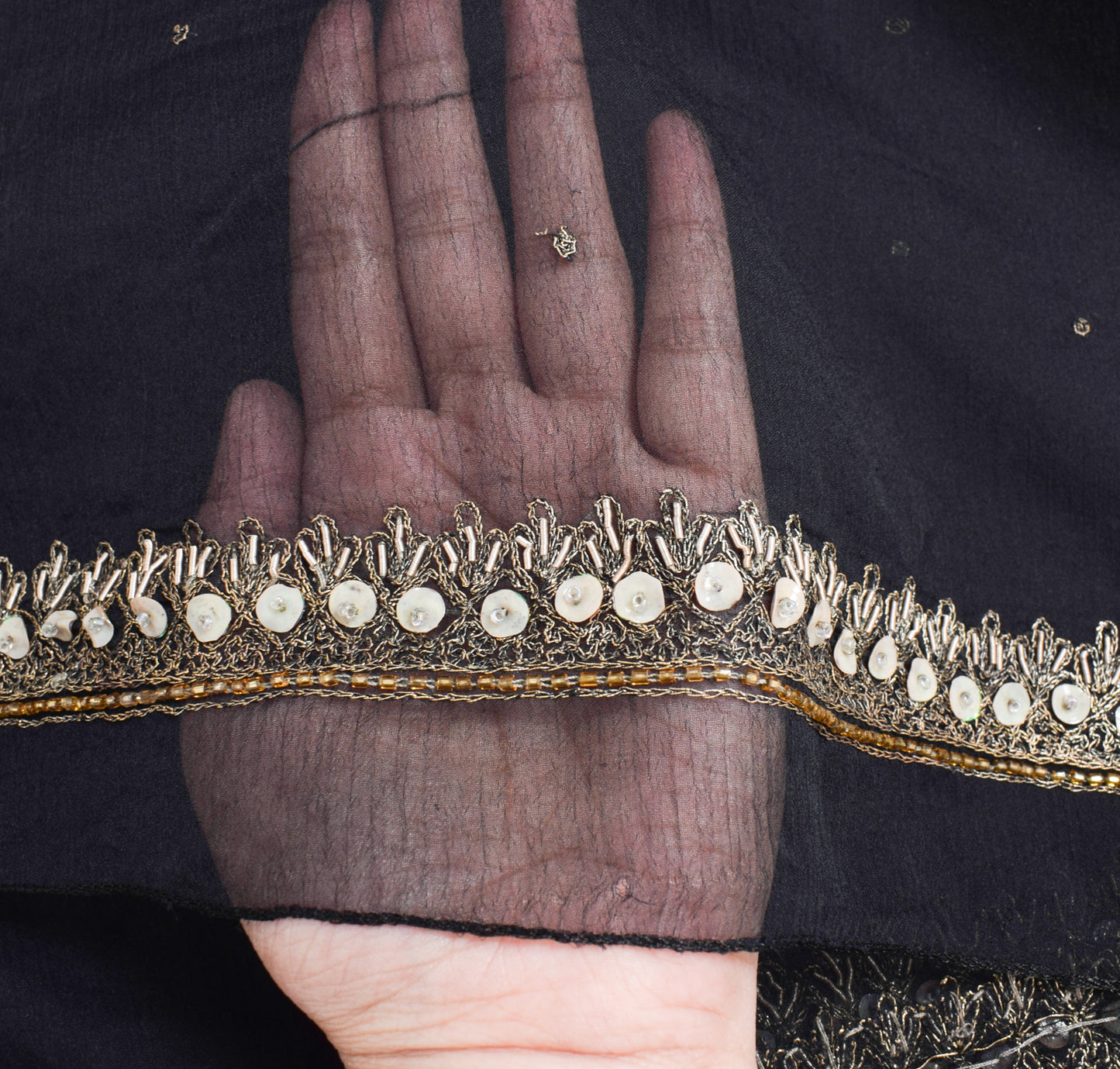 Sushila Vintage Black Dupatta Blend Chiffon Silk Hand Beaded Long Stole Scarves