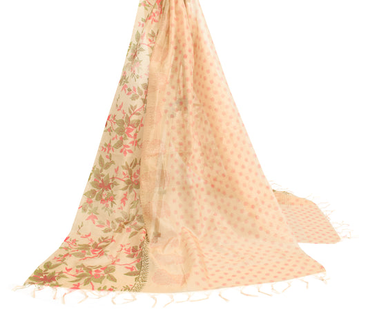 Sushila Vintage Beige Indian Dupatta Art Silk Woven Floral Long Stole Scarves