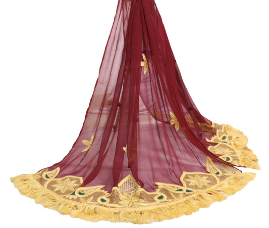 Sushila Vintage Maroon Dupatta 100%Pure Chiffon Silk Embroidered Long Stole Veil