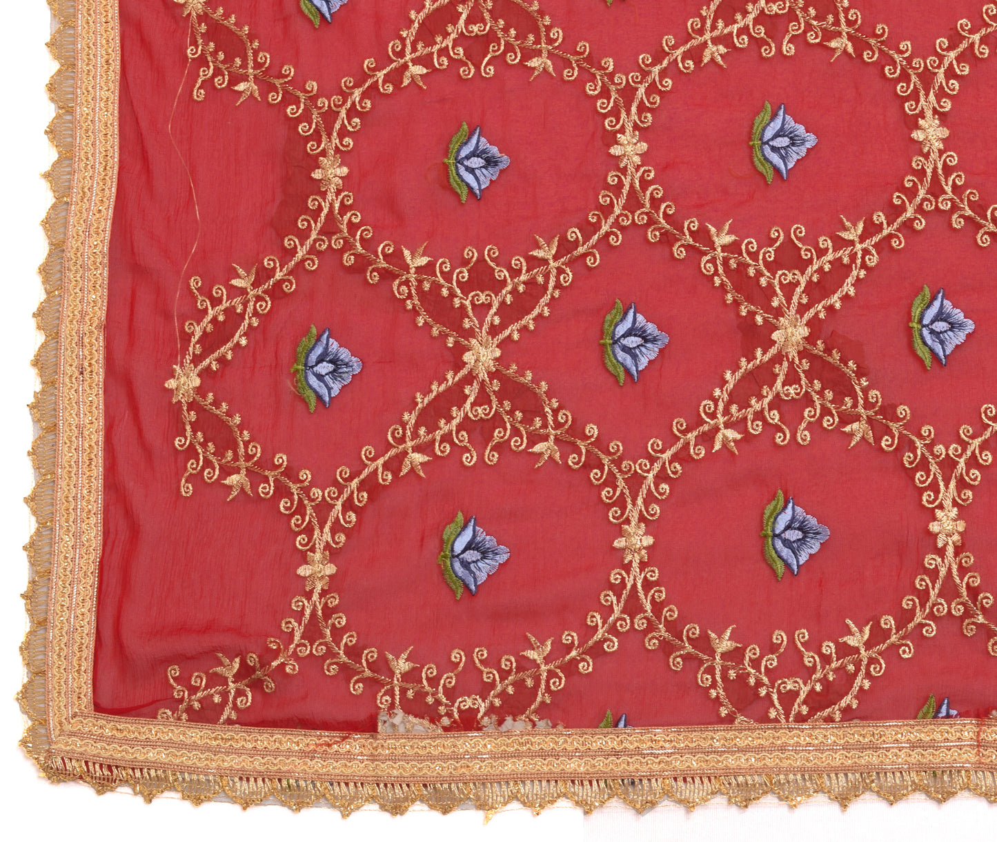 Sushila Vintage Red Blend Chiffon Silk Dupatta Floral Embroidered Long Stole Vei