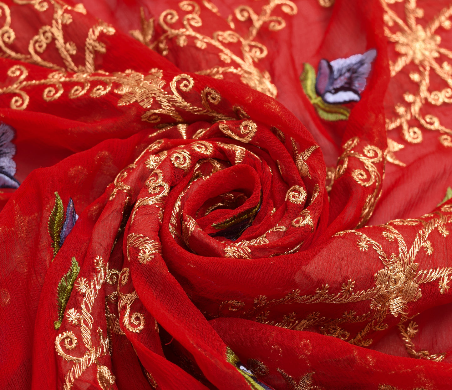 Sushila Vintage Red Blend Chiffon Silk Dupatta Floral Embroidered Long Stole Vei