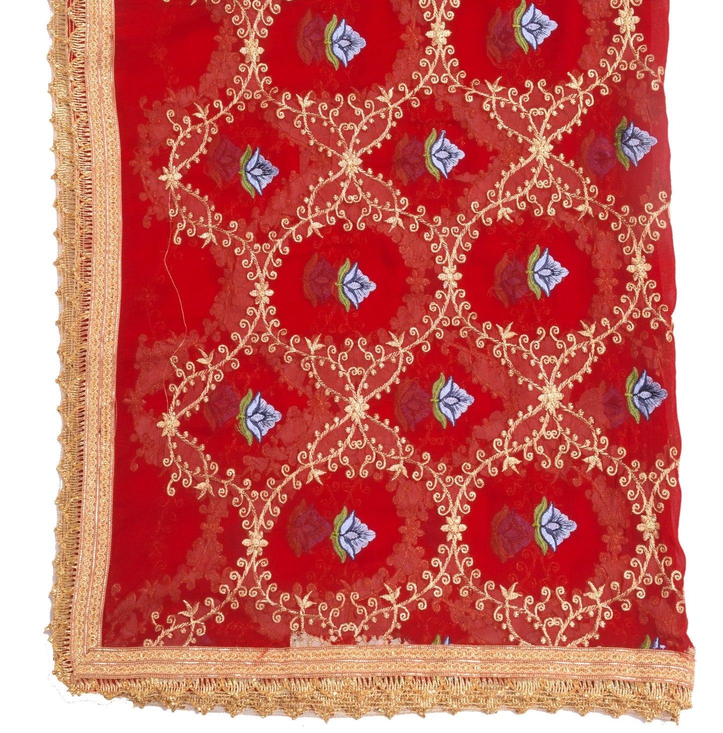 Sushila Vintage Red Blend Chiffon Silk Dupatta Floral Embroidered Long Stole Vei