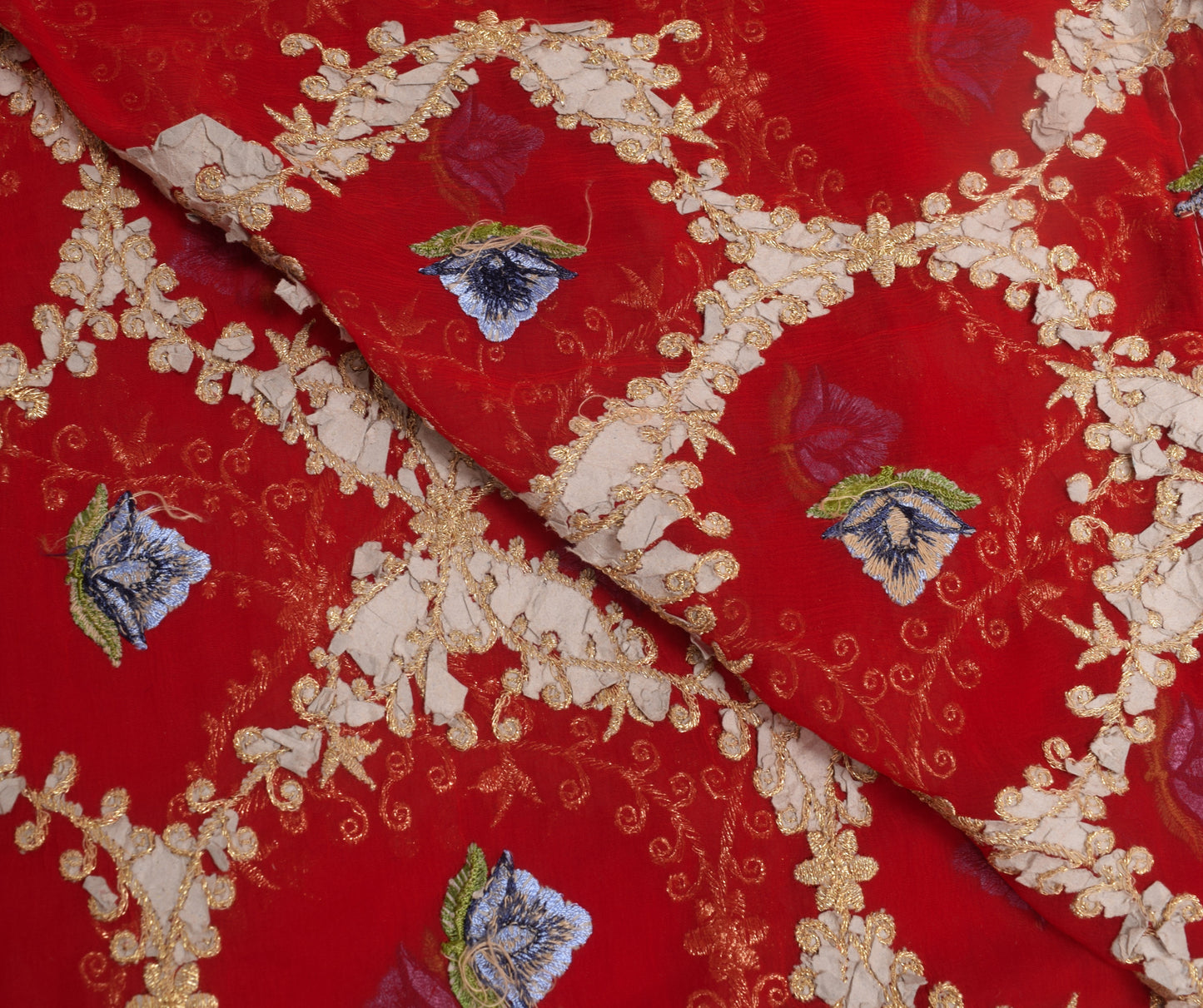 Sushila Vintage Red Blend Chiffon Silk Dupatta Floral Embroidered Long Stole Vei