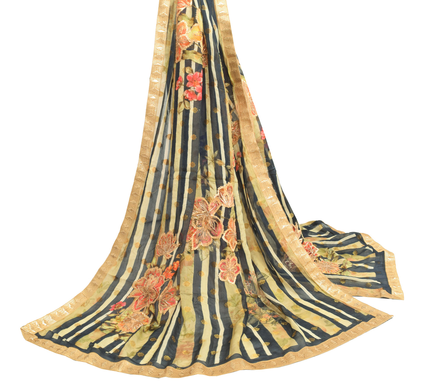 Sushila Vintage Blue Dupatta 100% Pure Georgette Silk Gotta Patti Long Stole