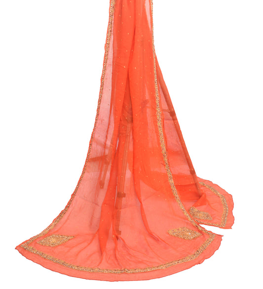 Sushila Vintage Orange 100% Pure Chiffon Silk Dupatta Embroidered Long Stole