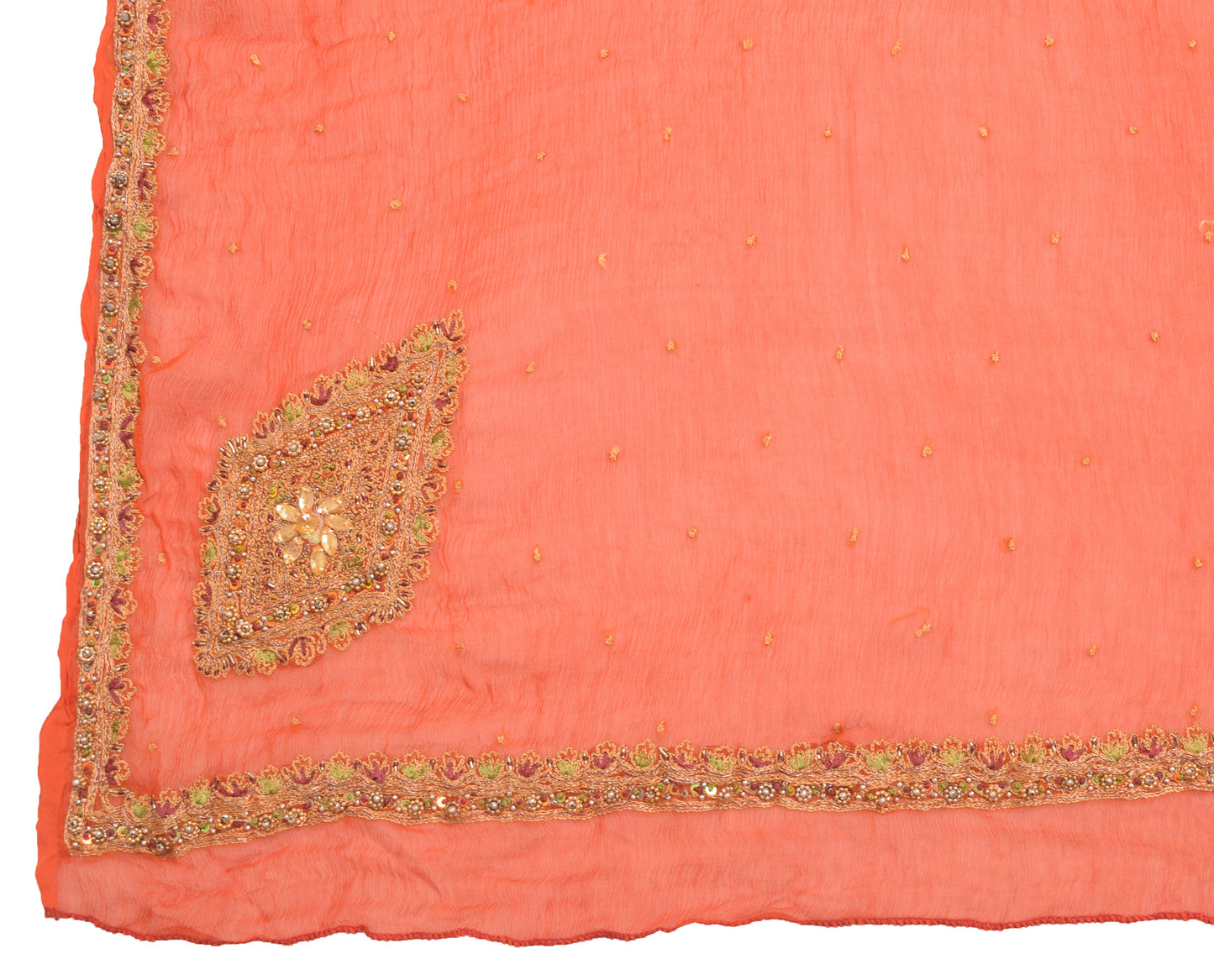 Sushila Vintage Orange 100% Pure Chiffon Silk Dupatta Embroidered Long Stole