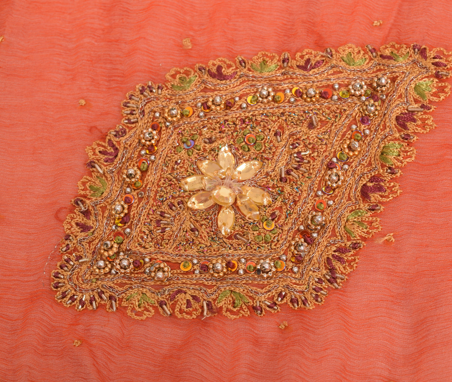 Sushila Vintage Orange 100% Pure Chiffon Silk Dupatta Embroidered Long Stole