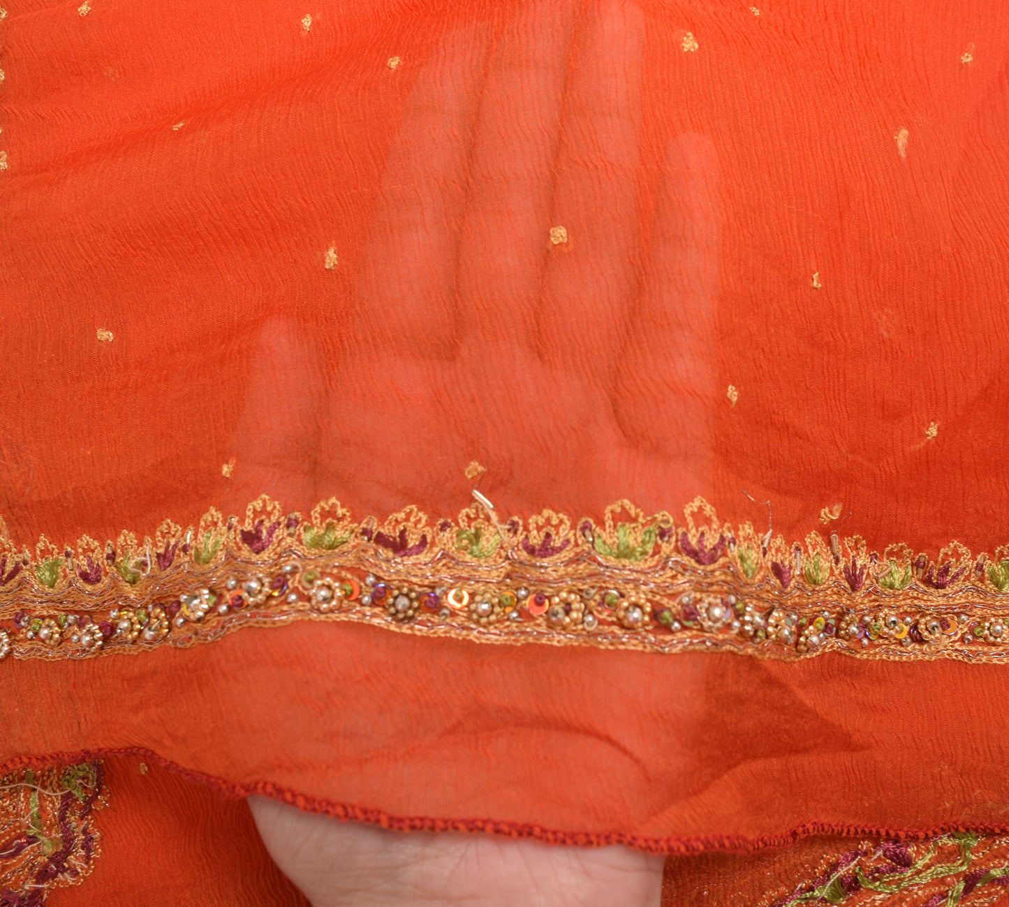 Sushila Vintage Orange 100% Pure Chiffon Silk Dupatta Embroidered Long Stole