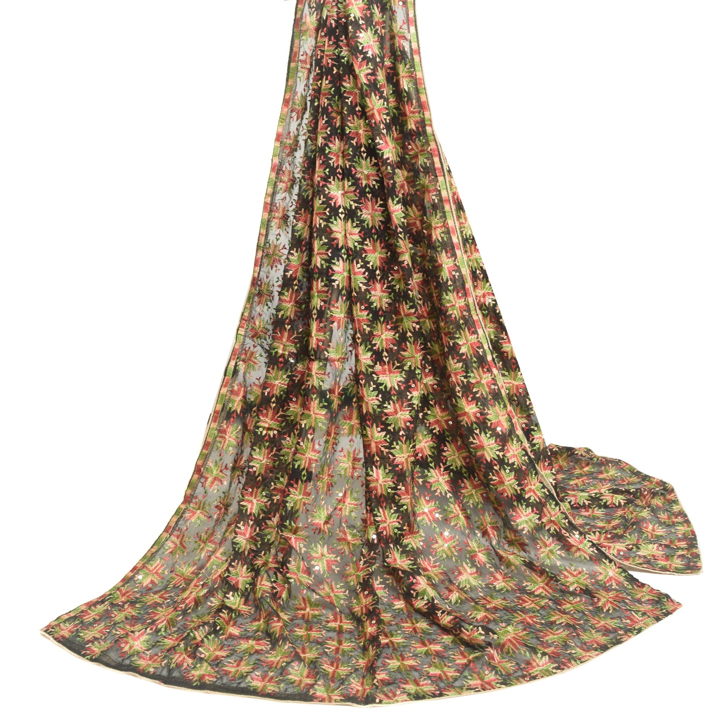 Sushila Vintage Black Phulkari Embroidered Dupatta Chiffon Silk  Long Stole Wrap