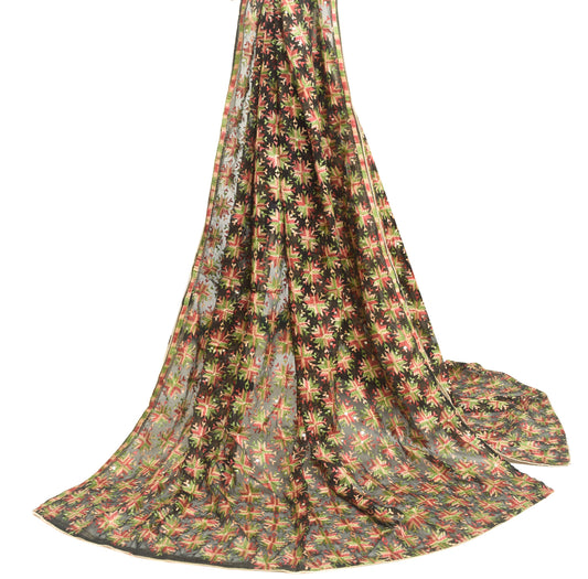 Sushila Vintage Black Phulkari Embroidered Dupatta Chiffon Silk  Long Stole Wrap