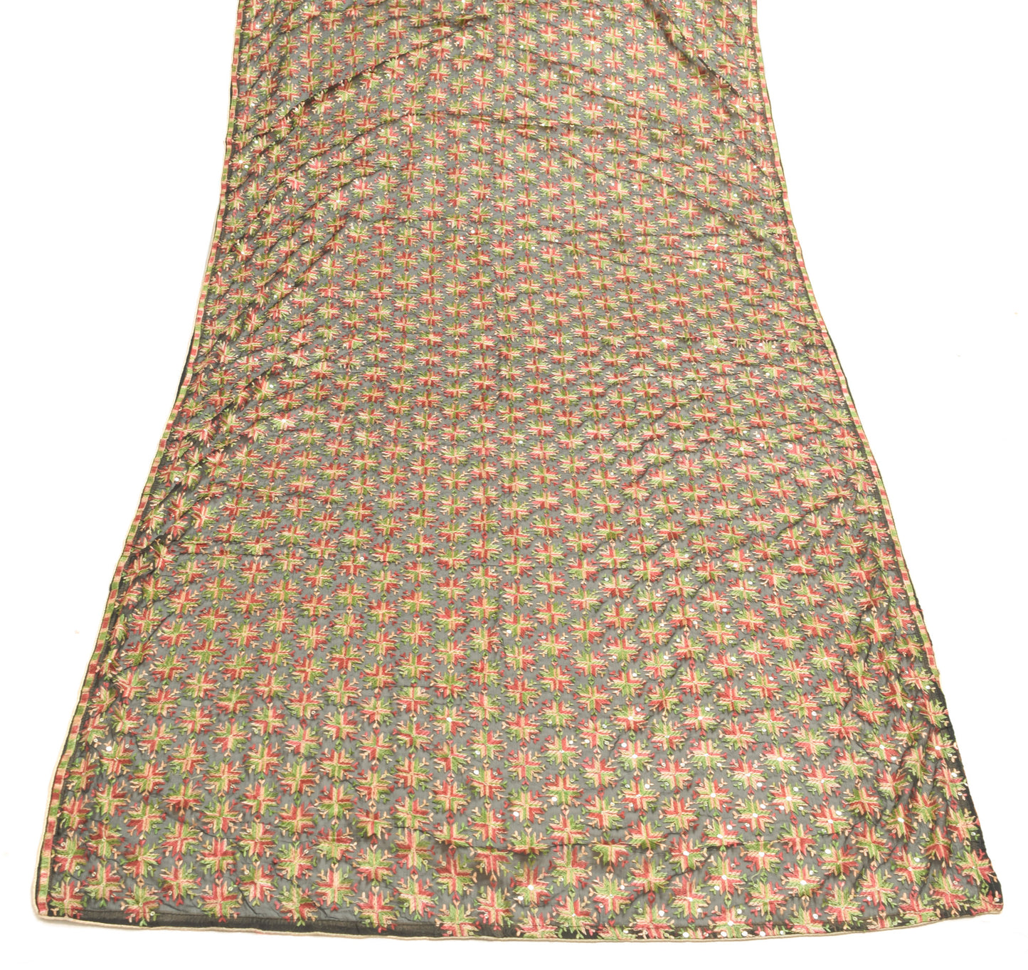 Sushila Vintage Black Phulkari Embroidered Dupatta Chiffon Silk  Long Stole Wrap