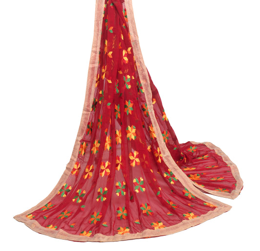 Sushila Vintage Maroon Chiffon Silk  Dupatta Phulkari Embroidered Long Stole