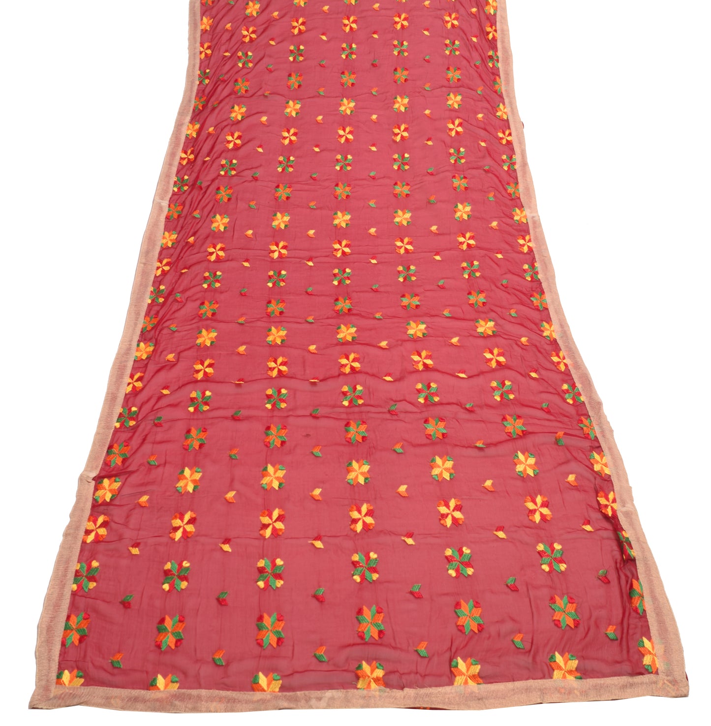 Sushila Vintage Maroon Chiffon Silk  Dupatta Phulkari Embroidered Long Stole