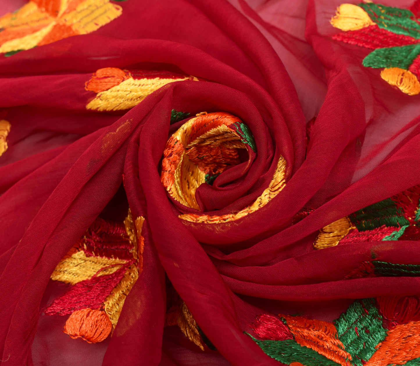 Sushila Vintage Maroon Chiffon Silk  Dupatta Phulkari Embroidered Long Stole
