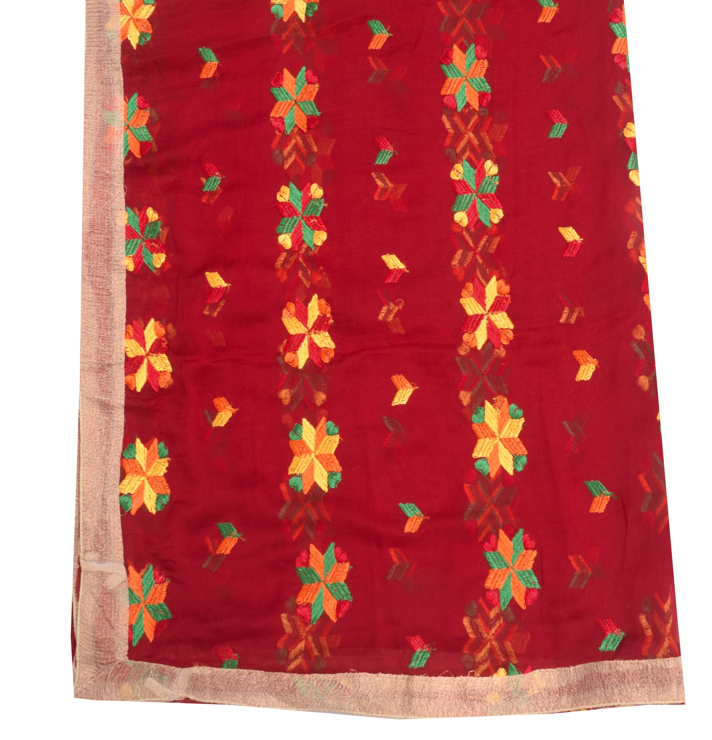 Sushila Vintage Maroon Chiffon Silk  Dupatta Phulkari Embroidered Long Stole