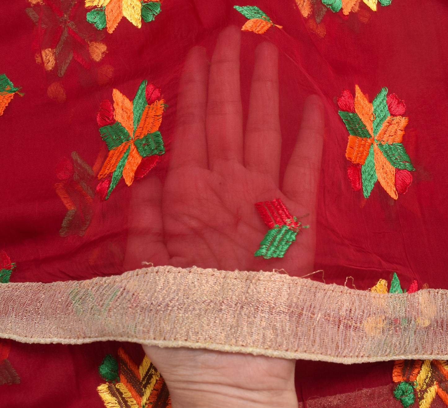 Sushila Vintage Maroon Chiffon Silk  Dupatta Phulkari Embroidered Long Stole