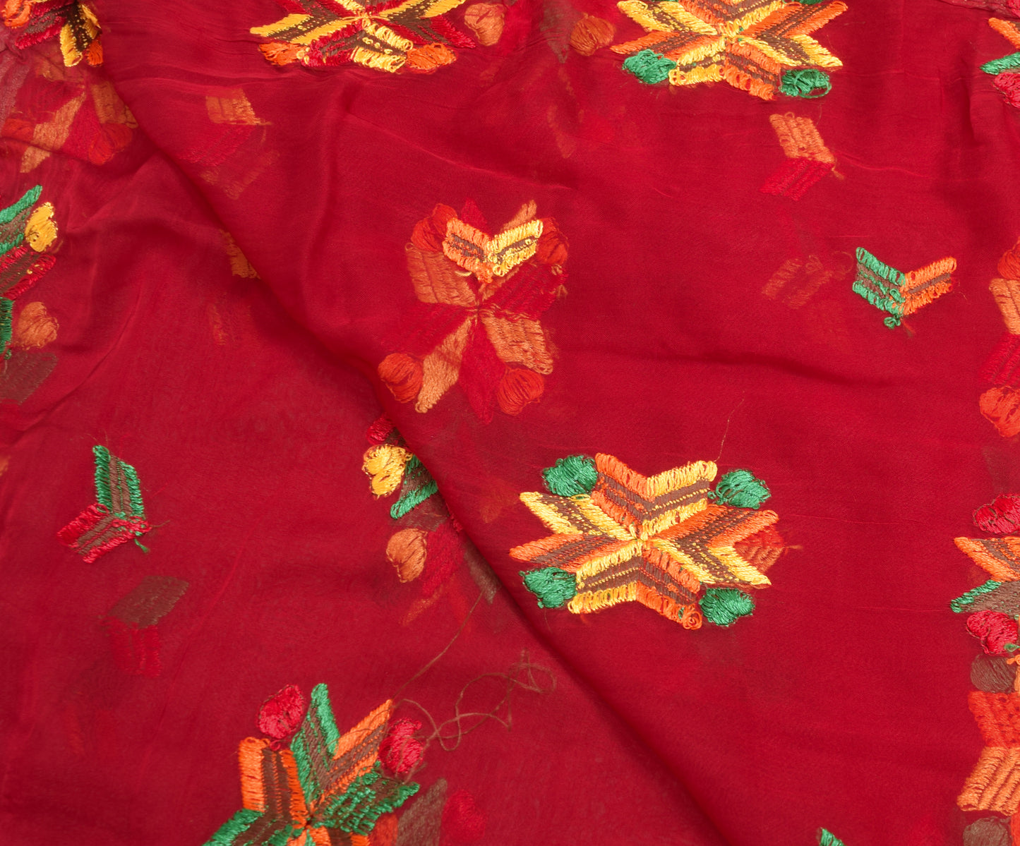 Sushila Vintage Maroon Chiffon Silk  Dupatta Phulkari Embroidered Long Stole