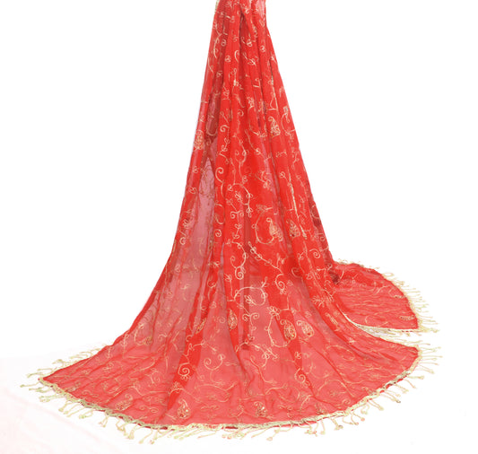 Sushila Vintage Red Georgette Silk Dupatta Zari Embroidered Floral Long Stole