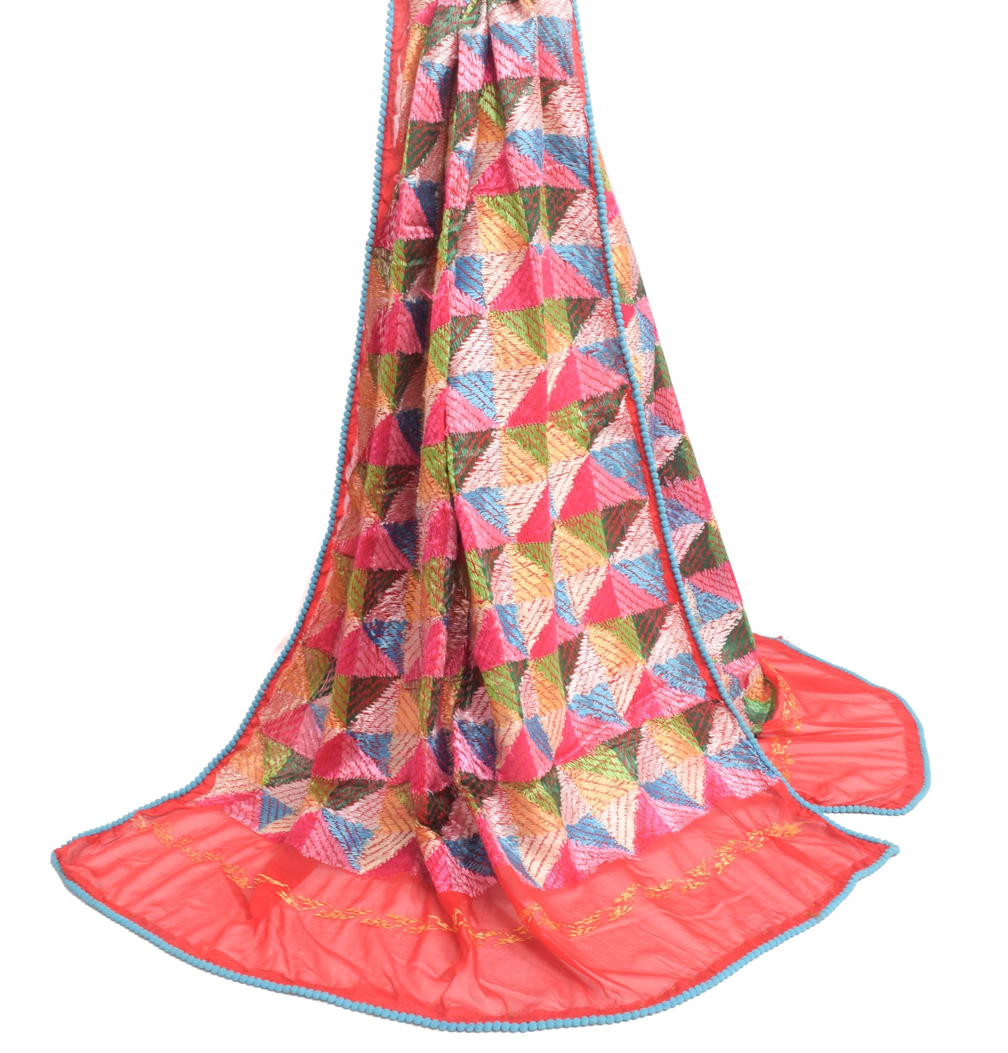 Sushila Vintage Red Chiffon Dupatta Phulkari Embroidered Geometrical Long Stole