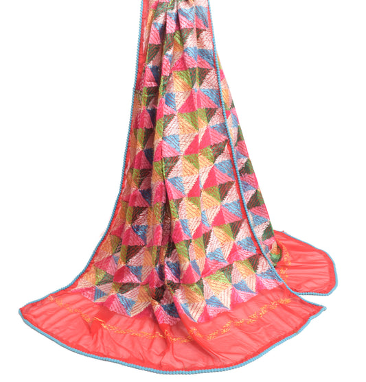 Sushila Vintage Red Chiffon Dupatta Phulkari Embroidered Geometrical Long Stole