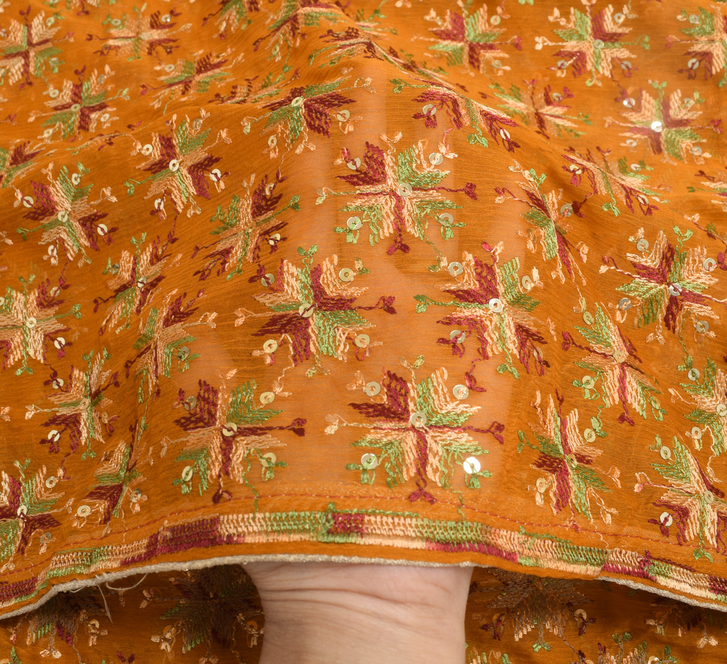 Sushila Vintage Phulkari Embroidered Dupatta Blend Chiffon Silk Long Stole Wrap