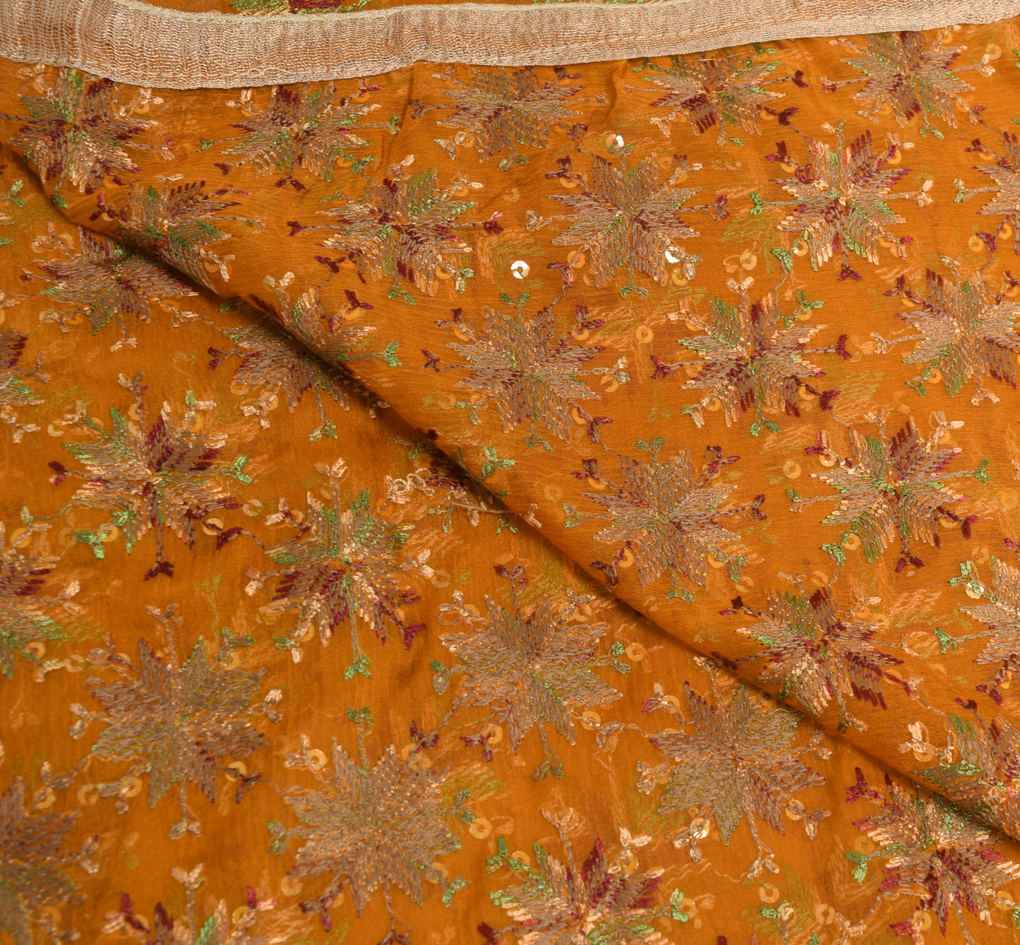 Sushila Vintage Phulkari Embroidered Dupatta Blend Chiffon Silk Long Stole Wrap
