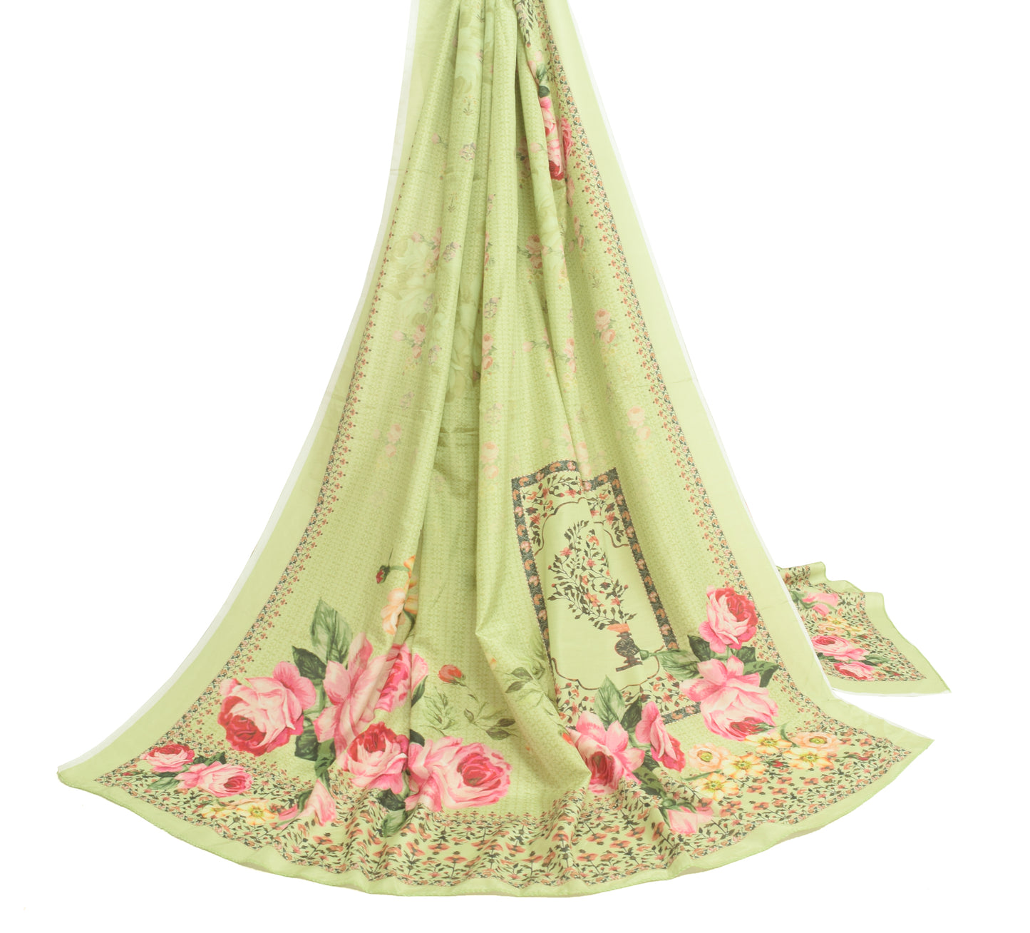 Sushila Vintage Pista Green Dupatta Art Silk Digital Printed Floral Stole Hijab