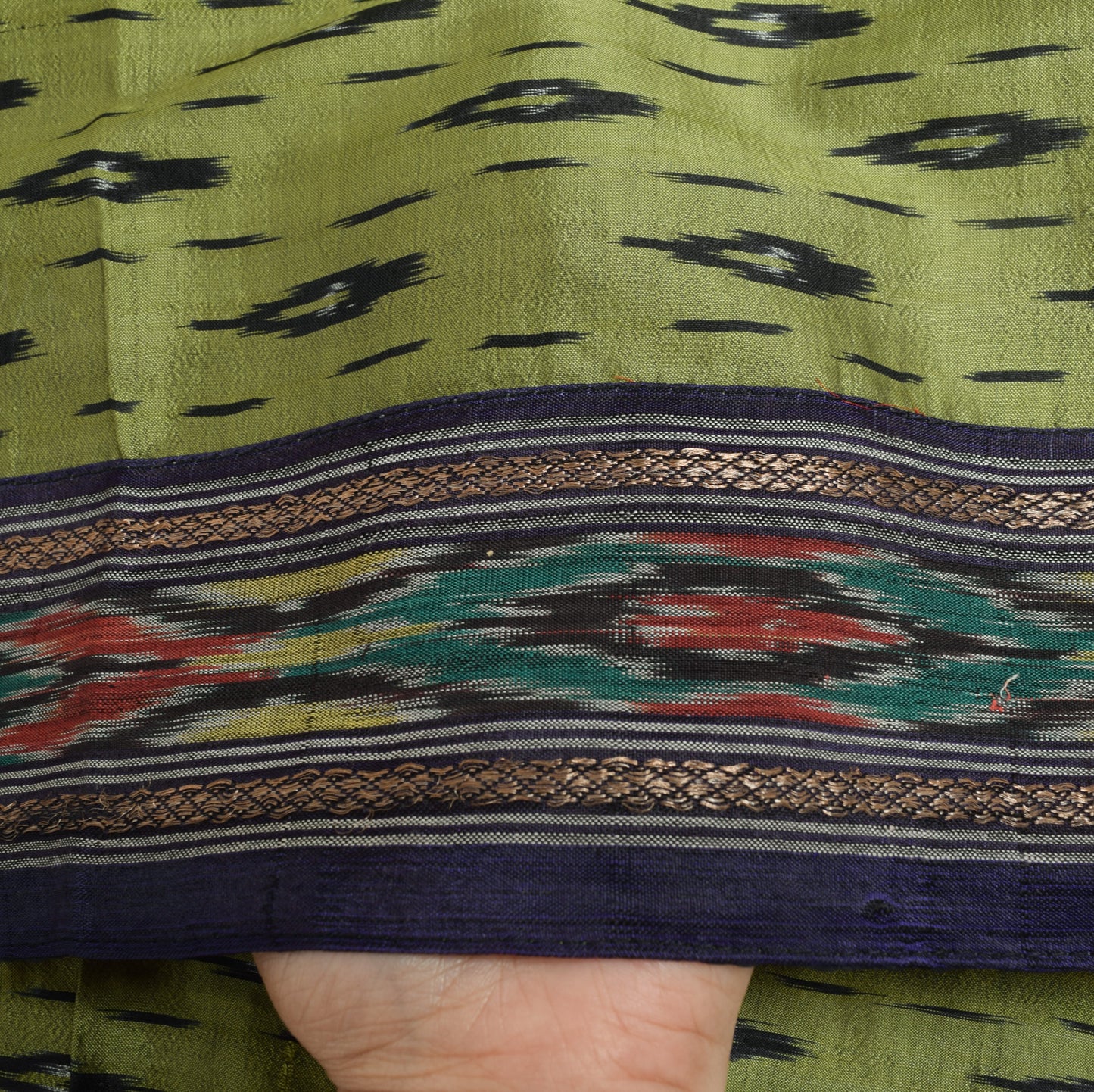 Sushila Vintage Henna Green Hand Woven Ikkat Patola Dupatta Pure Silk Long Stole