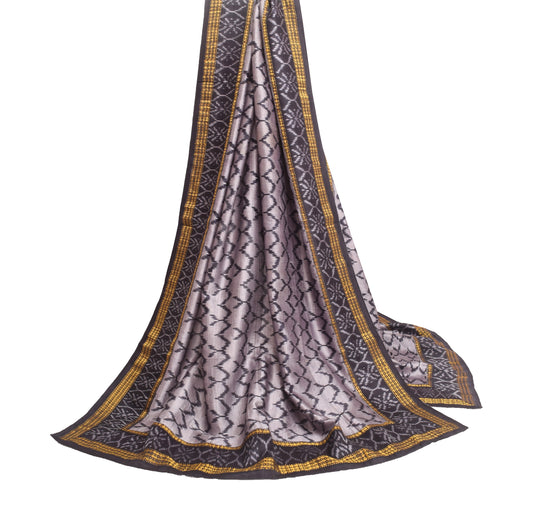 Sushila Vintage Gray Ikkat Patola Hand Wovne Dupatta 100% Pure Silk Long Stole