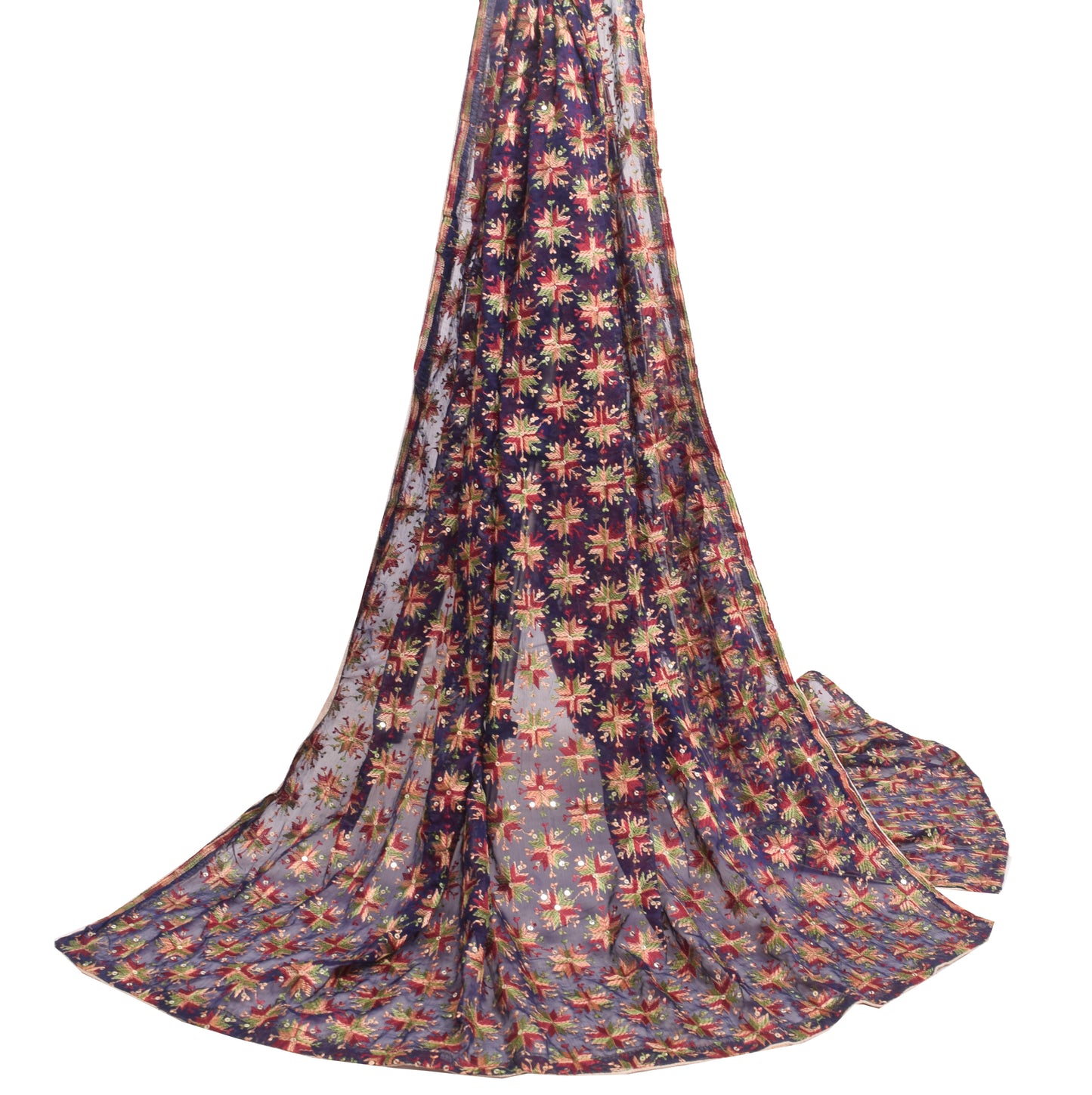 Sushila Vintage Phulkari Embroidered  Dupatta Blue Chiffon Silk Long Stole Wrap